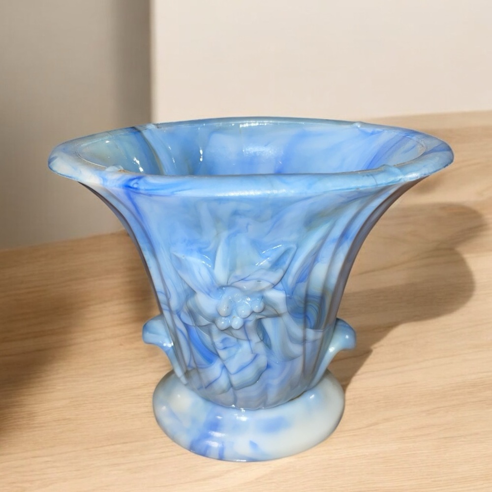 Vintage Blue Marble Glass Vase / Trinket Holder